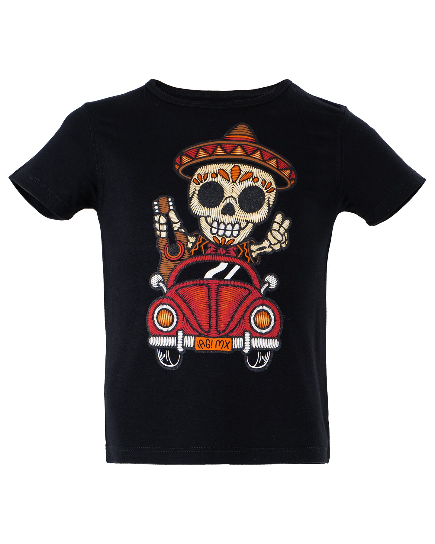 ・Playera estampada con aplicación de tinta shimmer color negro para niño - Modelo EL ROL