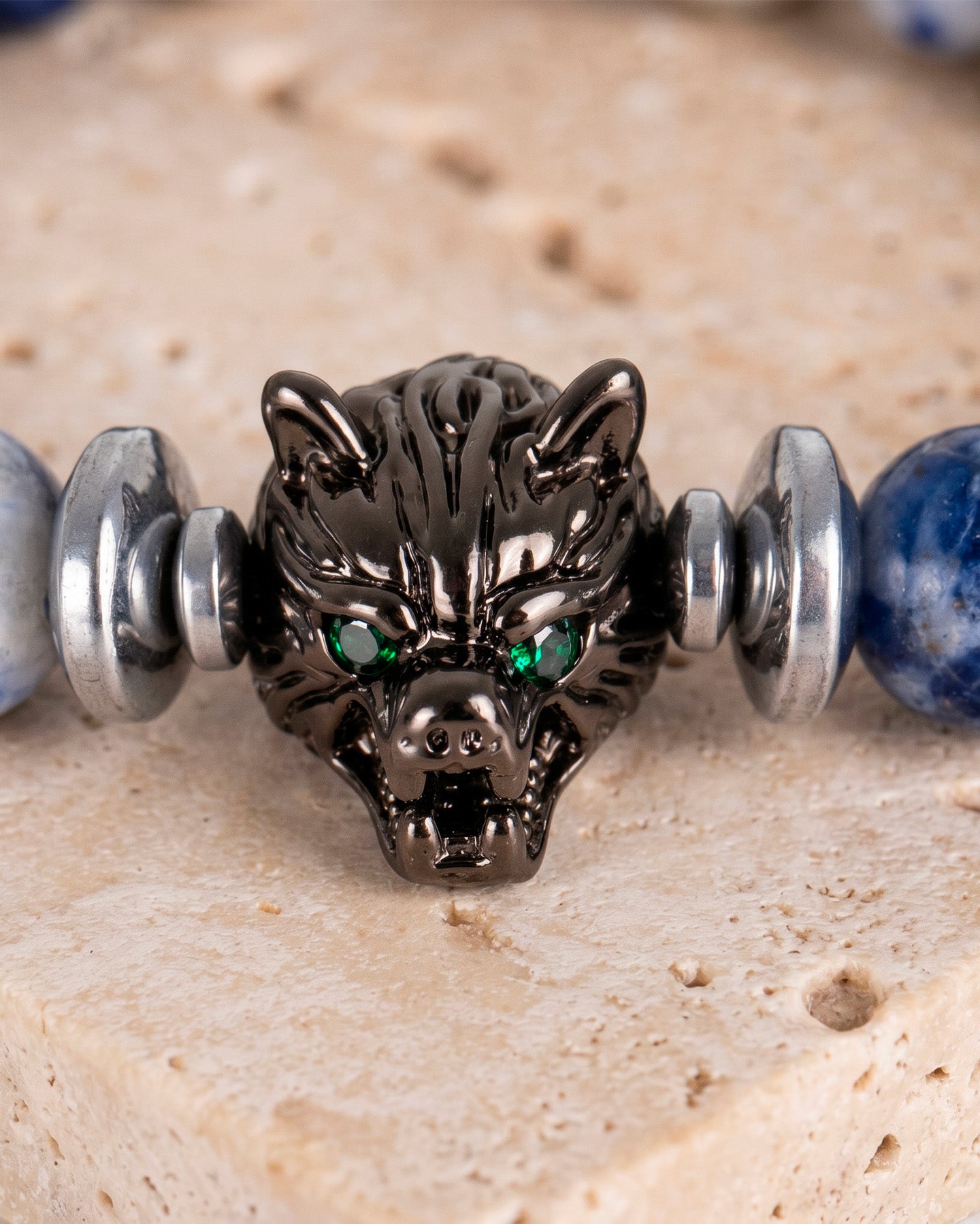 Pulsera Onix Hematita Dije Lobo