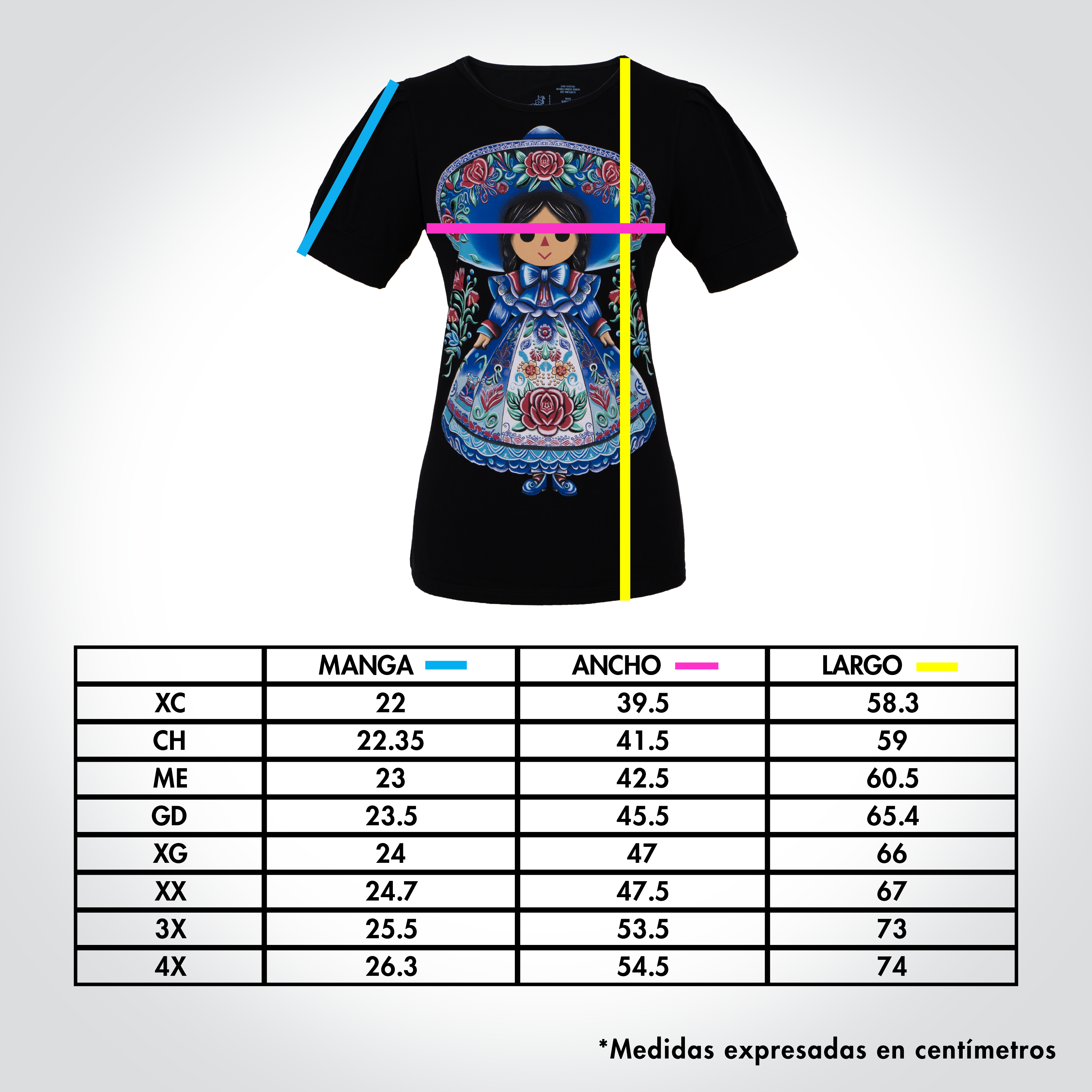 Playera estampada con manga bombacha para mujer Modelo LA MUNECA AZU Ay Guey Mexico